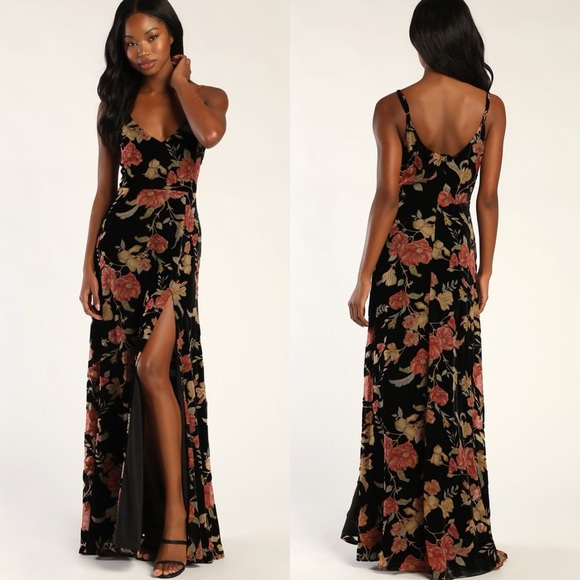 Lulus | Alluring Blooms Black Floral Burnout Velvet Maxi Dress - Picture 1 of 8
